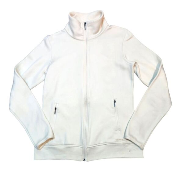 Merrell Women's Fleece Jacket White Cream Zip Up Mock Neck Thumb Hole Pockets M‎ - Picture 1 of 12